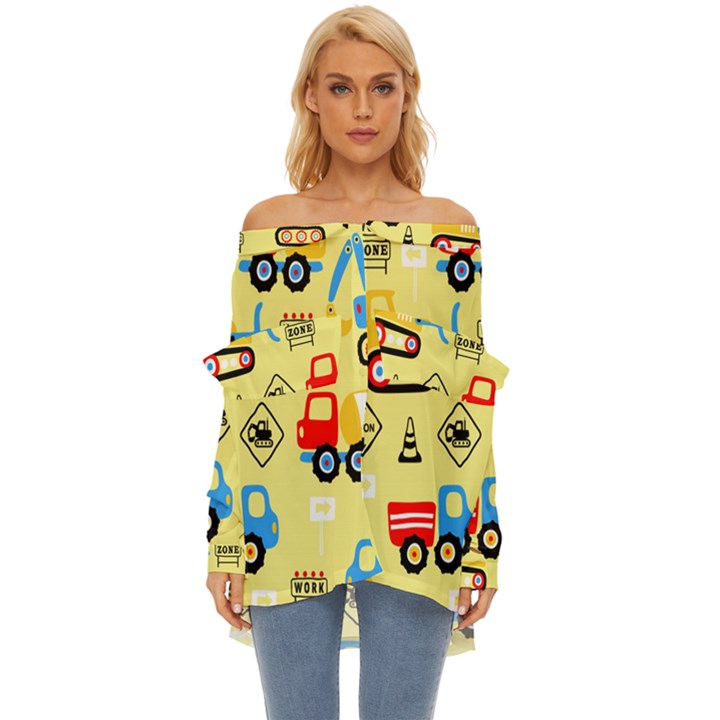 Seamless pattern vector industrial vehicle cartoon Off Shoulder Chiffon Pocket Shirt