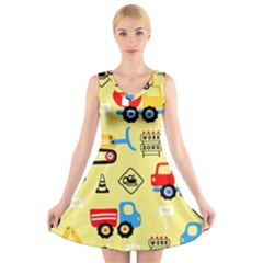 Seamless Pattern Vector Industrial Vehicle Cartoon V-neck Sleeveless Dress