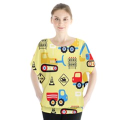 Seamless Pattern Vector Industrial Vehicle Cartoon Batwing Chiffon Blouse