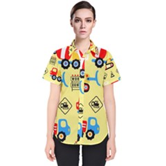 Seamless Pattern Vector Industrial Vehicle Cartoon Women s Short Sleeve Shirt