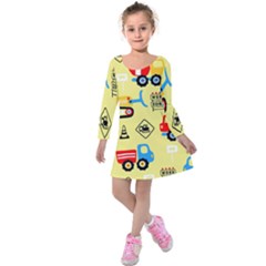 Seamless Pattern Vector Industrial Vehicle Cartoon Kids  Long Sleeve Velvet Dress