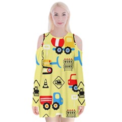 Seamless Pattern Vector Industrial Vehicle Cartoon Velvet Long Sleeve Shoulder Cutout Dress