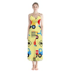 Seamless Pattern Vector Industrial Vehicle Cartoon Button Up Chiffon Maxi Dress