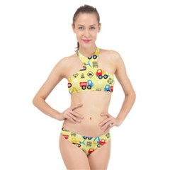 Seamless Pattern Vector Industrial Vehicle Cartoon High Neck Bikini Set