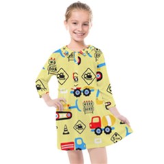 Seamless Pattern Vector Industrial Vehicle Cartoon Kids  Quarter Sleeve Shirt Dress