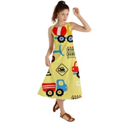 Seamless Pattern Vector Industrial Vehicle Cartoon Summer Maxi Dress