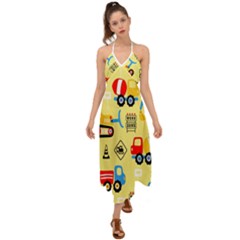 Seamless Pattern Vector Industrial Vehicle Cartoon Halter Tie Back Dress 