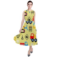 Seamless Pattern Vector Industrial Vehicle Cartoon Round Neck Boho Dress