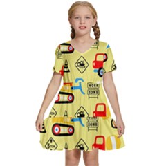 Seamless Pattern Vector Industrial Vehicle Cartoon Kids  Short Sleeve Tiered Mini Dress