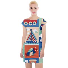 Toy Transport Cartoon Seamless-pattern-with-airplane-aerostat-sail Yacht Vector Illustration Cap Sleeve Bodycon Dress by Jancukart