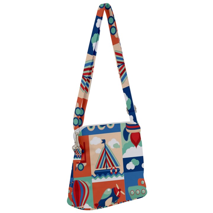 Toy Transport Cartoon Seamless-pattern-with-airplane-aerostat-sail Yacht Vector Illustration Zipper Messenger Bag