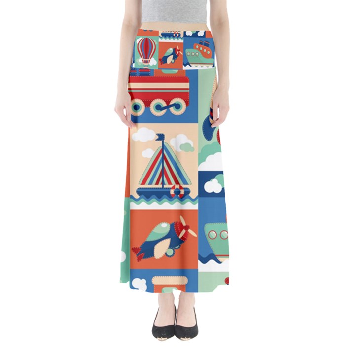 Toy Transport Cartoon Seamless-pattern-with-airplane-aerostat-sail Yacht Vector Illustration Full Length Maxi Skirt