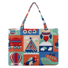 Toy Transport Cartoon Seamless-pattern-with-airplane-aerostat-sail Yacht Vector Illustration Zipper Medium Tote Bag by Jancukart