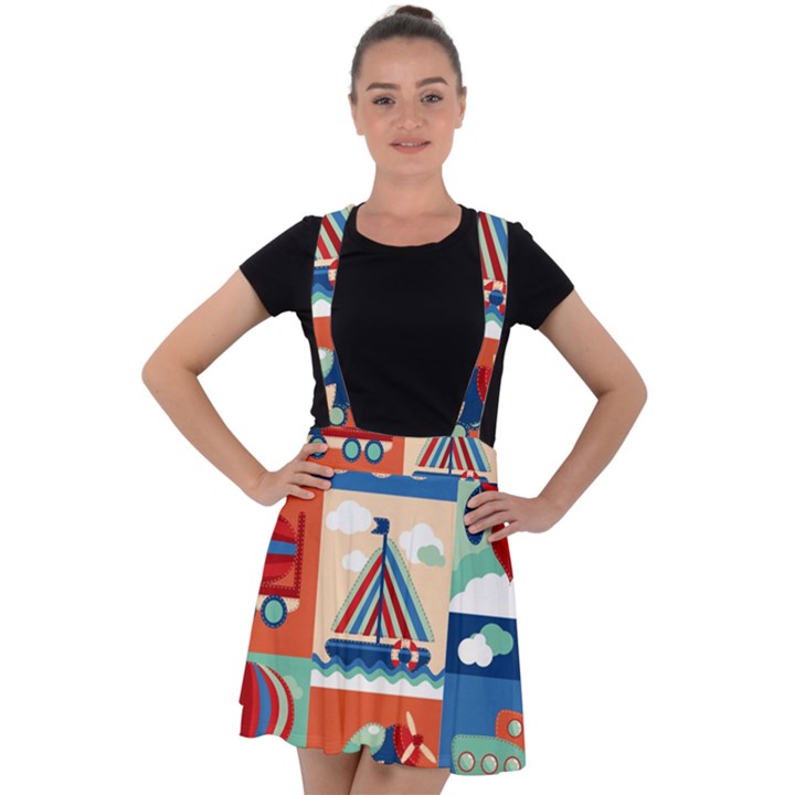 Toy Transport Cartoon Seamless-pattern-with-airplane-aerostat-sail Yacht Vector Illustration Velvet Suspender Skater Skirt