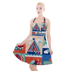 Toy Transport Cartoon Seamless-pattern-with-airplane-aerostat-sail Yacht Vector Illustration Halter Party Swing Dress 