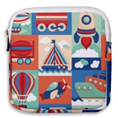 Toy Transport Cartoon Seamless-pattern-with-airplane-aerostat-sail Yacht Vector Illustration Mini Square Pouch