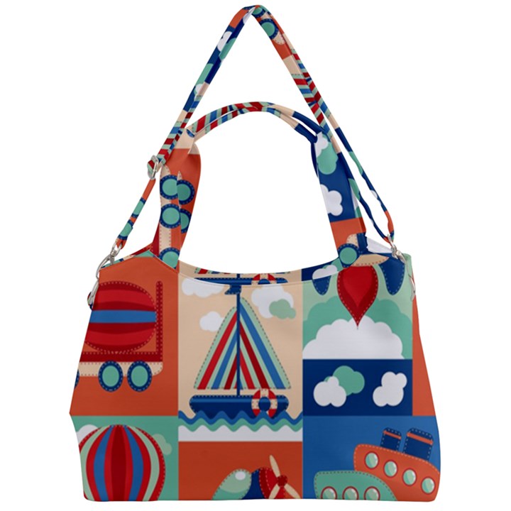 Toy Transport Cartoon Seamless-pattern-with-airplane-aerostat-sail Yacht Vector Illustration Double Compartment Shoulder Bag