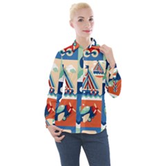 Toy Transport Cartoon Seamless-pattern-with-airplane-aerostat-sail Yacht Vector Illustration Women s Long Sleeve Pocket Shirt