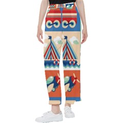 Toy Transport Cartoon Seamless-pattern-with-airplane-aerostat-sail Yacht Vector Illustration Women s Pants 