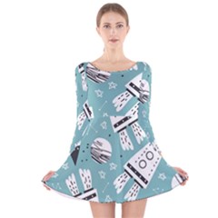 Cute Seamless Pattern With Rocket Planets-stars Long Sleeve Velvet Skater Dress