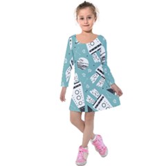 Cute Seamless Pattern With Rocket Planets-stars Kids  Long Sleeve Velvet Dress