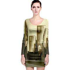 Architecture City House Long Sleeve Bodycon Dress