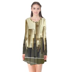 Architecture City House Long Sleeve V-neck Flare Dress