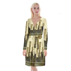 Architecture City House Long Sleeve Velvet Front Wrap Dress