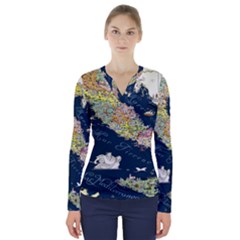 Map Italy Blue V-neck Long Sleeve Top by ConteMonfrey