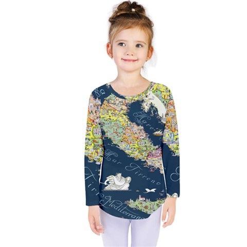 Map Italy Blue Kids  Long Sleeve Tee by ConteMonfrey