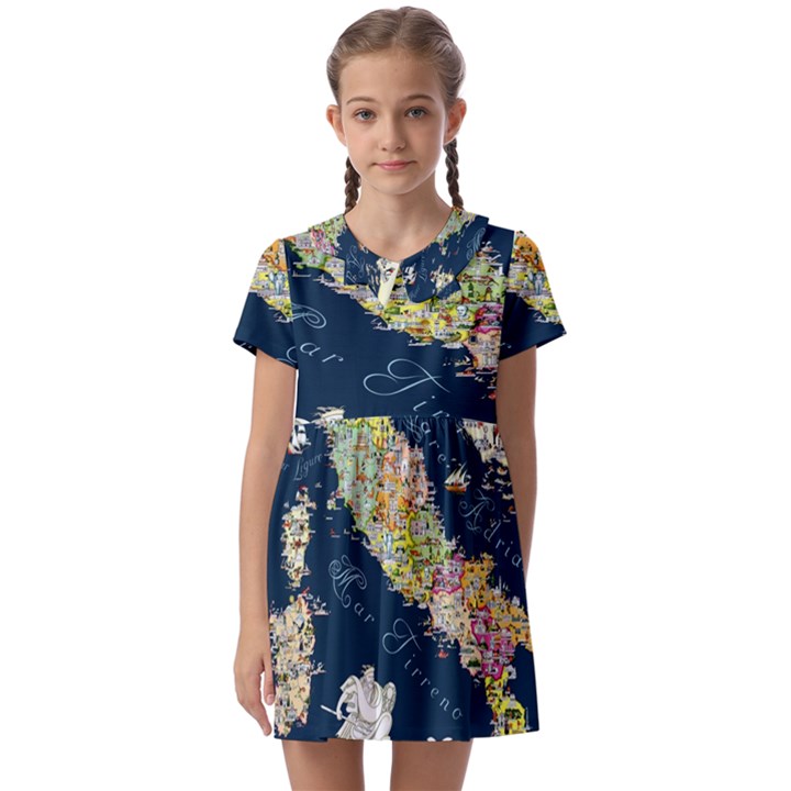 Map Italy Blue Kids  Asymmetric Collar Dress