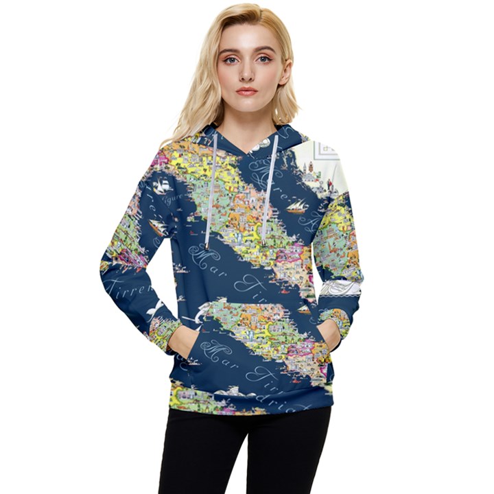 Map Italy Blue Women s Lightweight Drawstring Hoodie