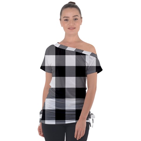 Black And White Plaided  Off Shoulder Tie-up Tee by ConteMonfrey