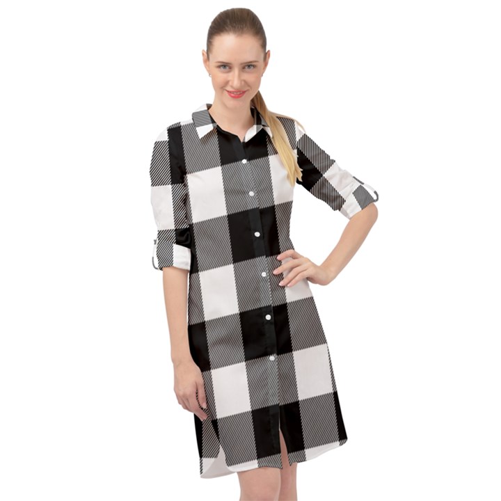 Black and white plaided  Long Sleeve Mini Shirt Dress