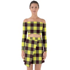 Black And Yellow Big Plaids Off Shoulder Top With Skirt Set by ConteMonfrey