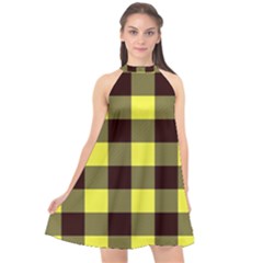 Black And Yellow Big Plaids Halter Neckline Chiffon Dress  by ConteMonfrey