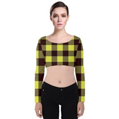 Black And Yellow Big Plaids Velvet Long Sleeve Crop Top by ConteMonfrey