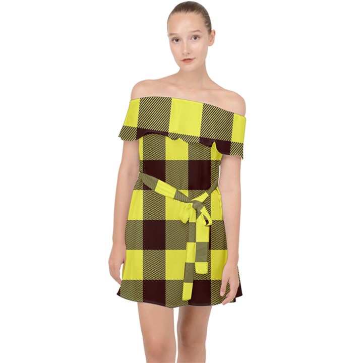 Black and yellow big plaids Off Shoulder Chiffon Dress