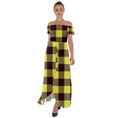 Black And Yellow Big Plaids Off Shoulder Open Front Chiffon Dress by ConteMonfrey