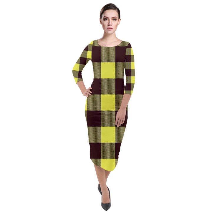 Black and yellow big plaids Quarter Sleeve Midi Velour Bodycon Dress