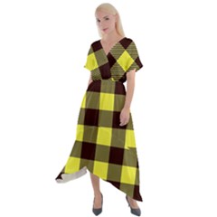 Black And Yellow Big Plaids Cross Front Sharkbite Hem Maxi Dress by ConteMonfrey