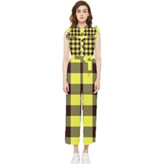 Black And Yellow Big Plaids Women s Frill Top Chiffon Jumpsuit by ConteMonfrey