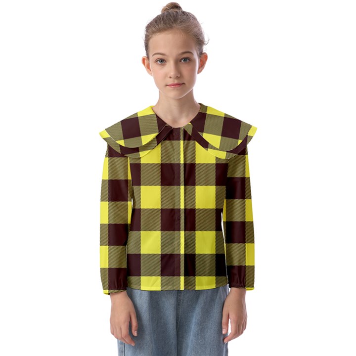 Black and yellow big plaids Kids  Peter Pan Collar Blouse