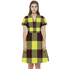 Black And Yellow Big Plaids Short Sleeve Waist Detail Dress by ConteMonfrey