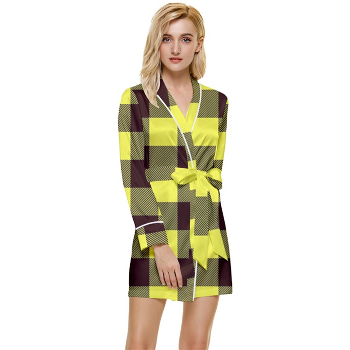 Black and yellow big plaids Long Sleeve Satin Robe