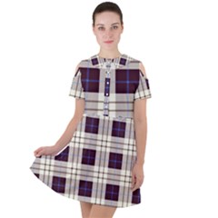 Gray, Purple And Blue Plaids Short Sleeve Shoulder Cut Out Dress  by ConteMonfrey