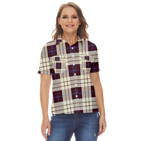 Gray, Purple And Blue Plaids Women s Short Sleeve Double Pocket Shirt by ConteMonfrey