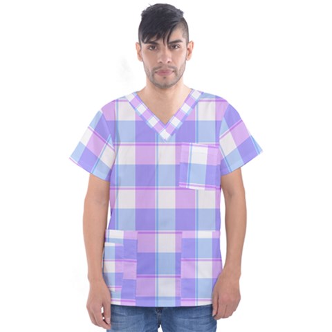 Cotton Candy Plaids - Blue, Pink, White Men s V-neck Scrub Top by ConteMonfrey