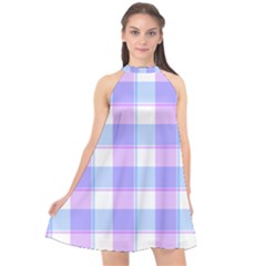 Cotton Candy Plaids - Blue, Pink, White Halter Neckline Chiffon Dress  by ConteMonfrey