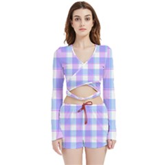 Cotton Candy Plaids - Blue, Pink, White Velvet Wrap Crop Top And Shorts Set by ConteMonfrey